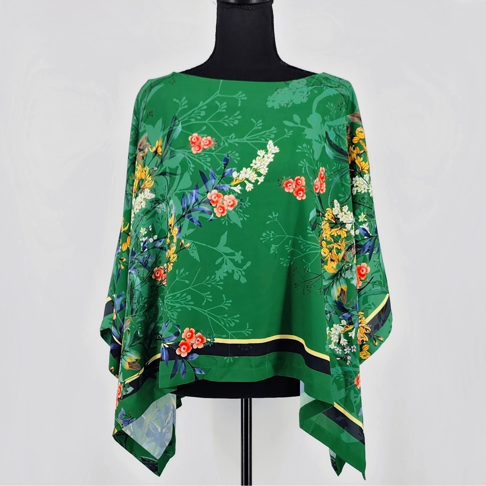 Chico's Green Floral Poncho Top Boat Neck Handkerchief Hem S/M